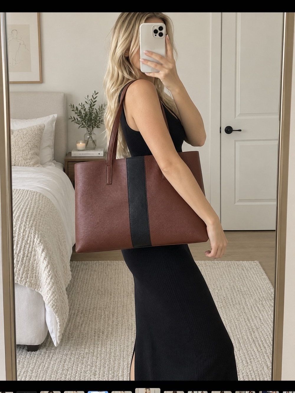Women's Brown Tote Bag with Black Stripe Vince Camuto NWOT